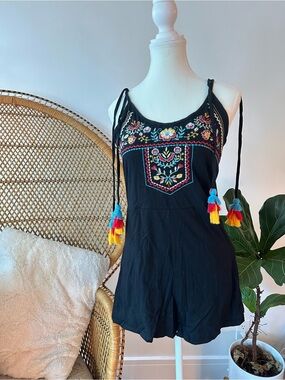 Black Embroidered Tie-Shoulder Romper with Colorful Tassels